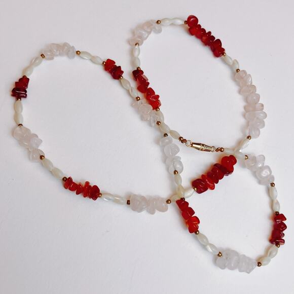 Vintage 90s Gemstone Necklace Carnelian Rose Quartz Shell Beaded Boho 24” - Picture 8 of 15